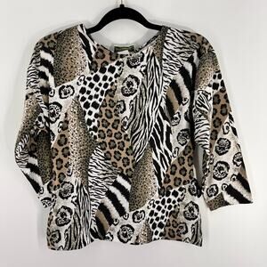 vintage 1980s NWT deadstock mixed animal print jersey knit top 3/4 sleeves LG